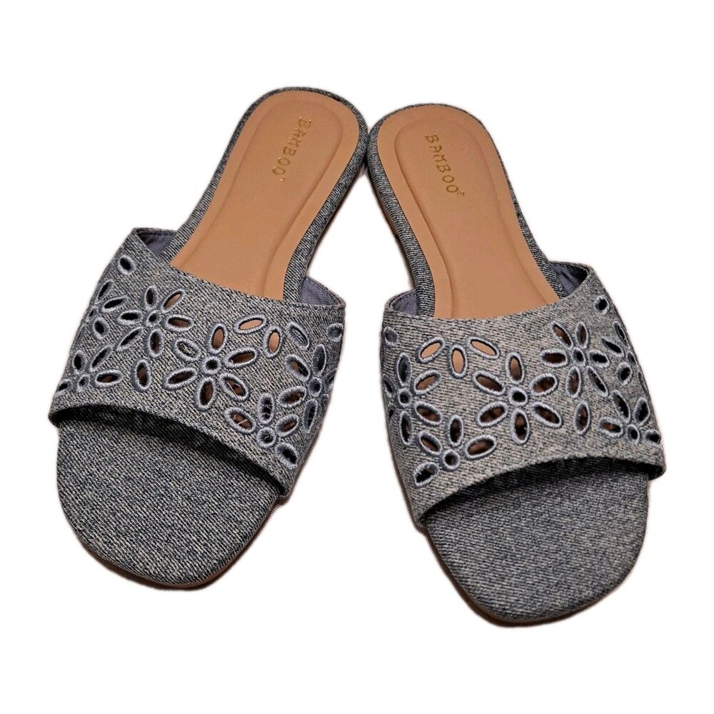 Bamboo Women's Denim Slide Sandals Size 7.5 Blue Floral Embroidered Perforated